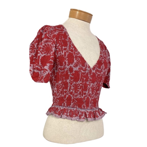 NWT- CLEOBELLA Bella Red Smocked, Puff Sleeves and Ruffle Hem Top Sz Small - Picture 8 of 16